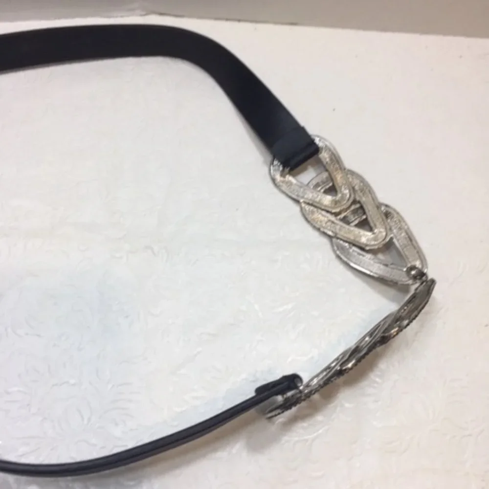 Chico's Black Genuine Leather Fashion Adjustable Silver Buckle Belt Size S/M